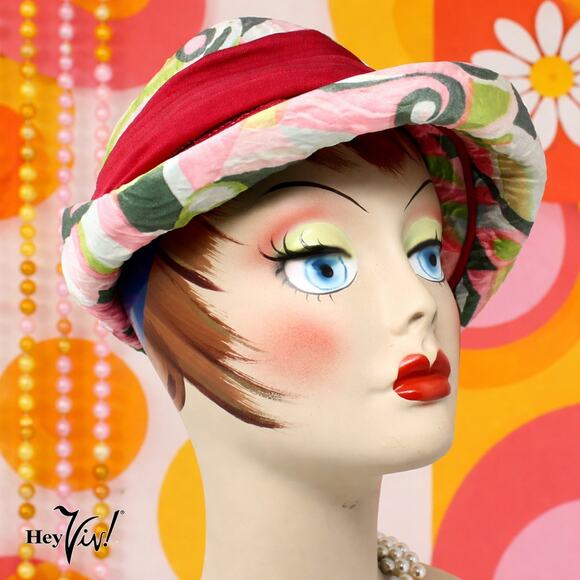 Vintage 60s Bucket Hat Pink Green Mod Go-Go Style Fabric w Curved Brim – Hey Viv - Picture 7 of 9